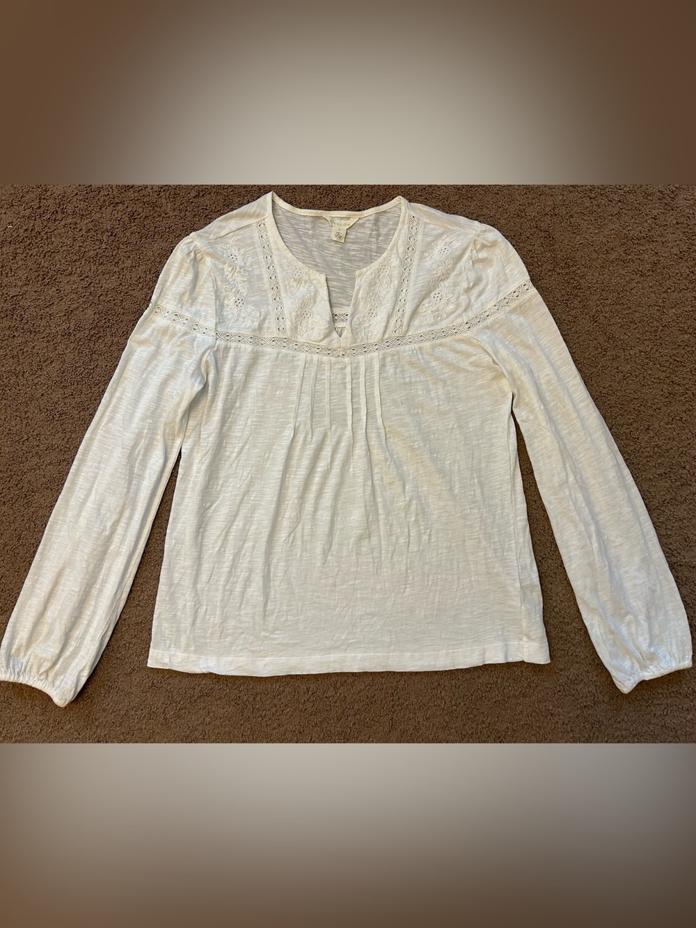 Caslon 100% Cotton Women’s White Crochet-Yoke Long Sleeve Top size Medium